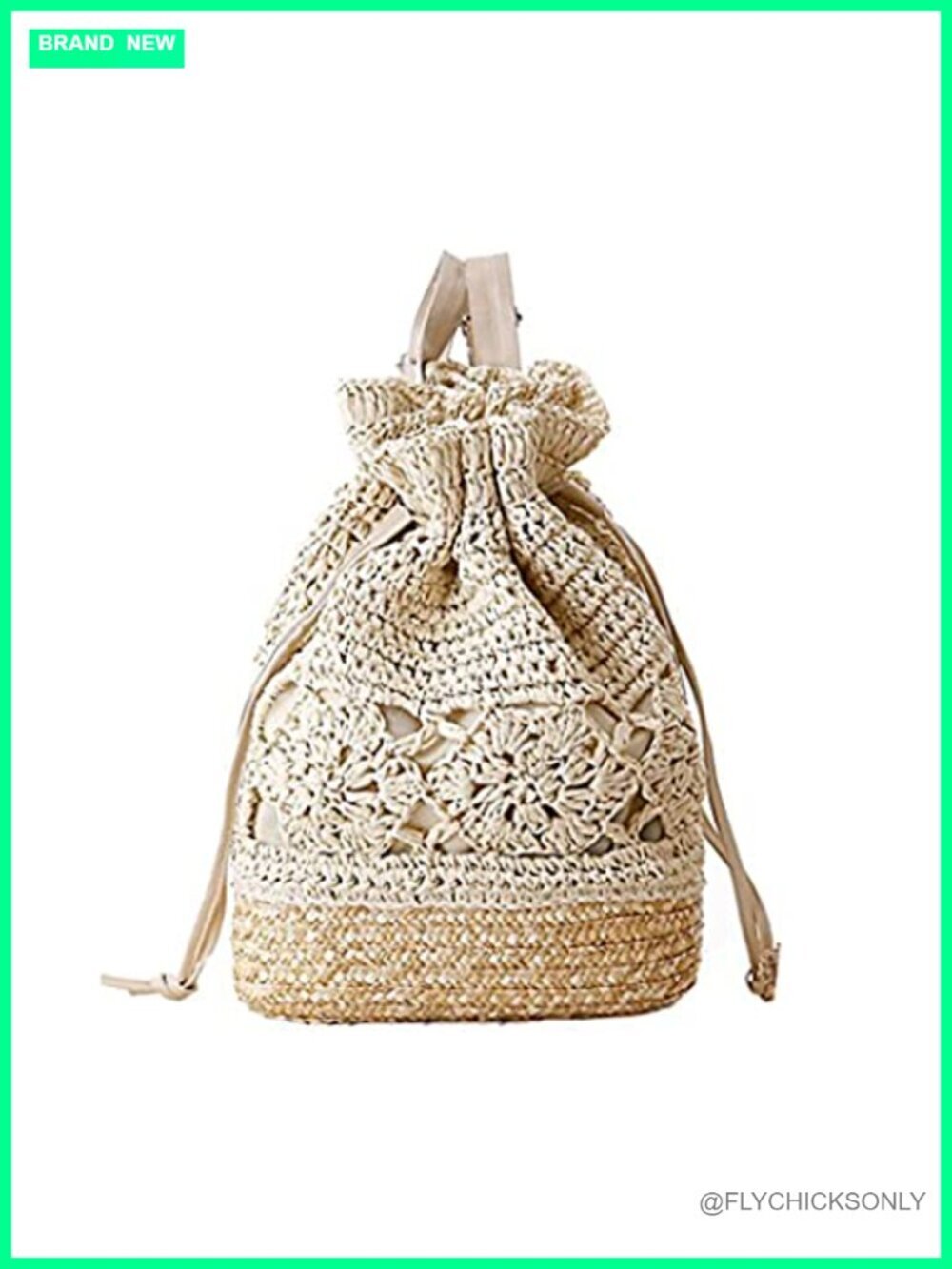 Straw Woven Backpack with Leather Straps Drawstring Beach Tote